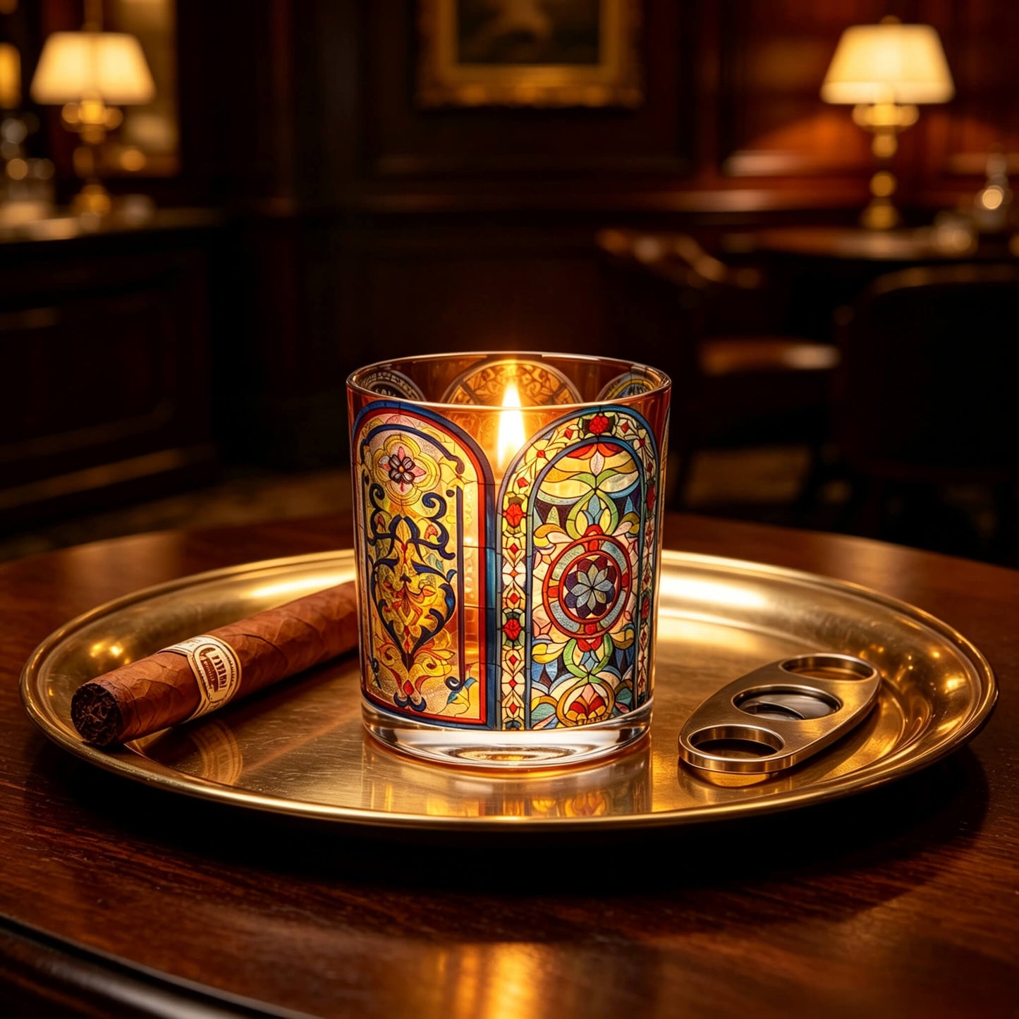 Glowing amber and gold candle vessel in a vintage dark walnut cigar lounge setting