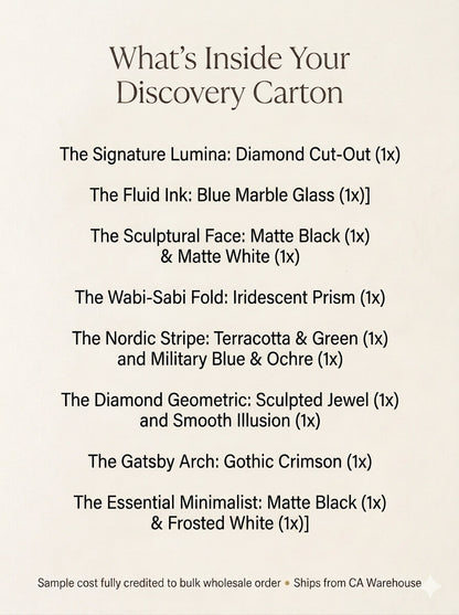 Text graphic detailing the contents of the Verse & Vessel The Discovery Carton 12-Piece Mixed Sample Box. This wholesale luxury candle vessel kit includes 12 unique empty glass jars: The Signature Lumina Diamond Cut-Out, Fluid Ink Blue Marble Glass, Sculptural Face, Wabi-Sabi Fold, Nordic Stripe, Diamond Geometric, Gatsby Arch, and Essential Minimalist. The footer indicates the sample cost is fully credited toward the first bulk wholesale order and ships from a California warehouse.