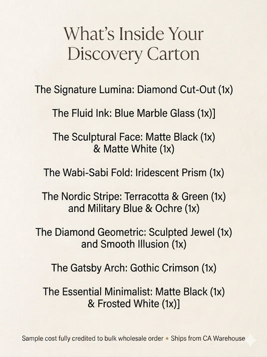 Text graphic detailing the contents of the Verse & Vessel The Discovery Carton 12-Piece Mixed Sample Box. This wholesale luxury candle vessel kit includes 12 unique empty glass jars: The Signature Lumina Diamond Cut-Out, Fluid Ink Blue Marble Glass, Sculptural Face, Wabi-Sabi Fold, Nordic Stripe, Diamond Geometric, Gatsby Arch, and Essential Minimalist. The footer indicates the sample cost is fully credited toward the first bulk wholesale order and ships from a California warehouse.
