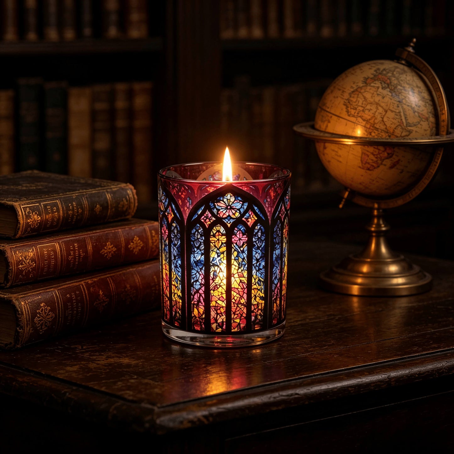 Glowing dark romantic stained glass candle vessel with vintage books for niche apothecary lines