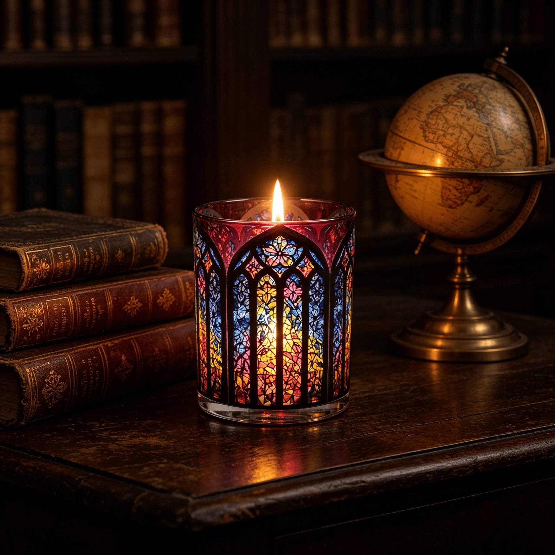 Glowing dark romantic stained glass candle vessel with vintage books for niche apothecary lines