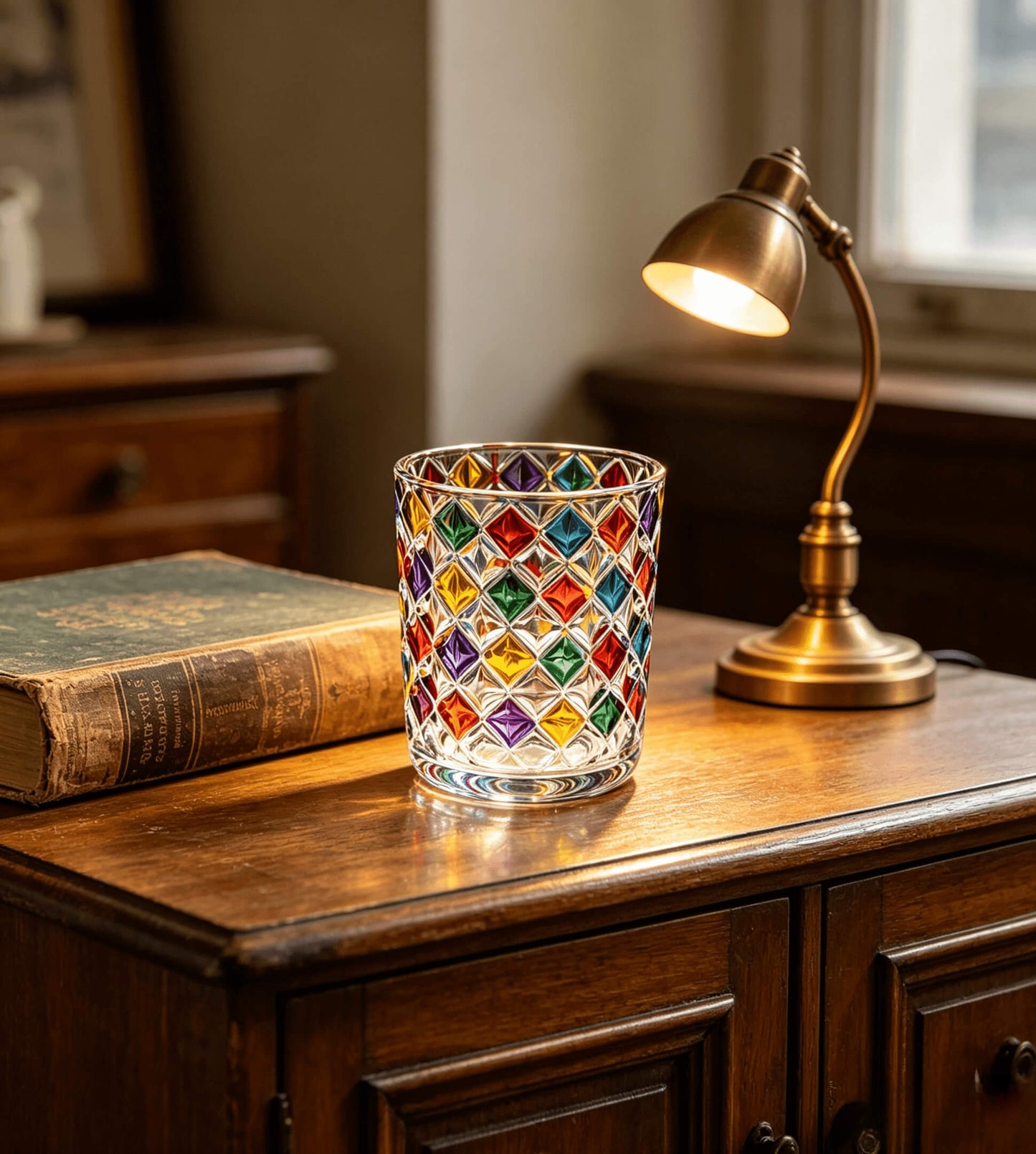 Empty 3D geometric sculpted glass candle vessel reflecting warm desk lamp light for vintage interior styling