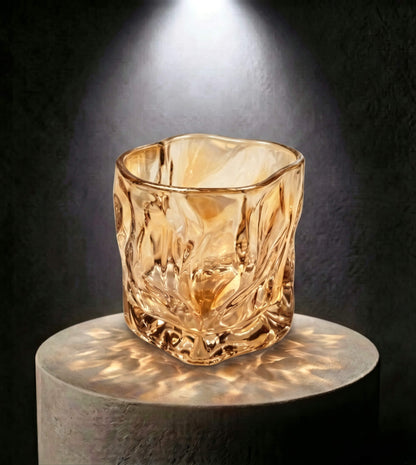 Wholesale amber glow organic folded artisan glass candle vessel 6.5 oz under spotlight
