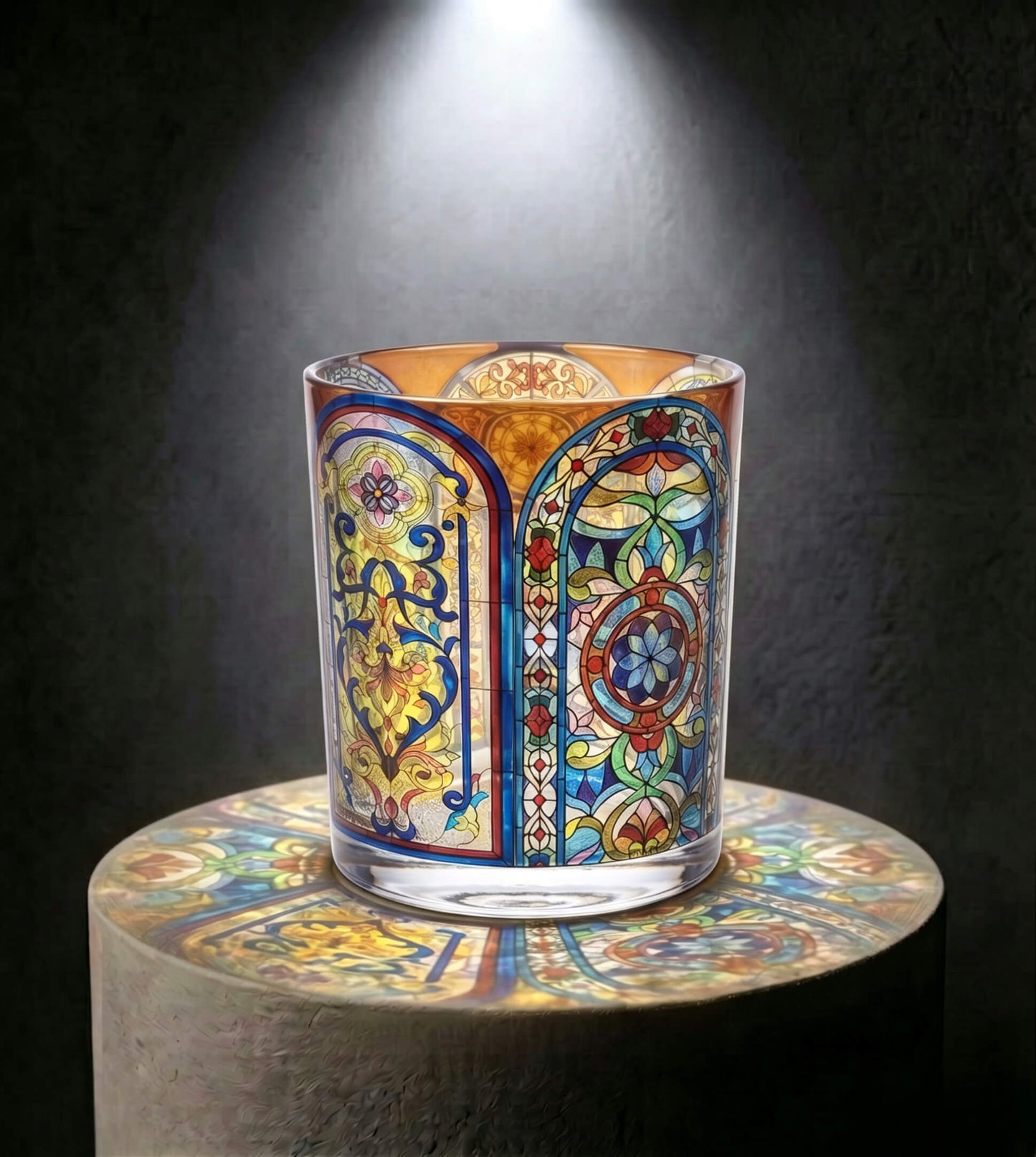 Wholesale amber and gold Art Deco stained glass candle vessel 8 oz