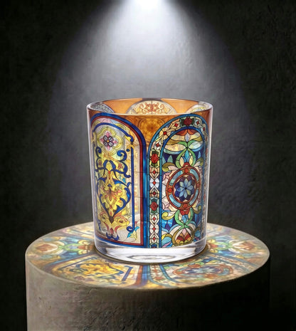 Wholesale amber and gold Art Deco stained glass candle vessel 8 oz