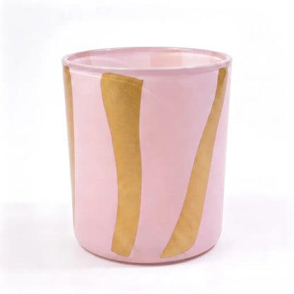 Wholesale modern minimalist glass candle vessel 8 oz dusty pink and bright yellow stripe pattern