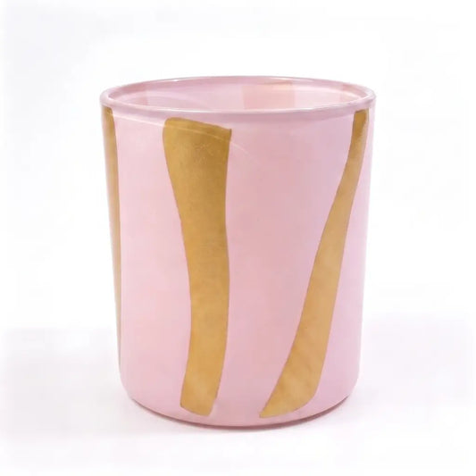 Wholesale modern minimalist glass candle vessel 8 oz dusty pink and bright yellow stripe pattern