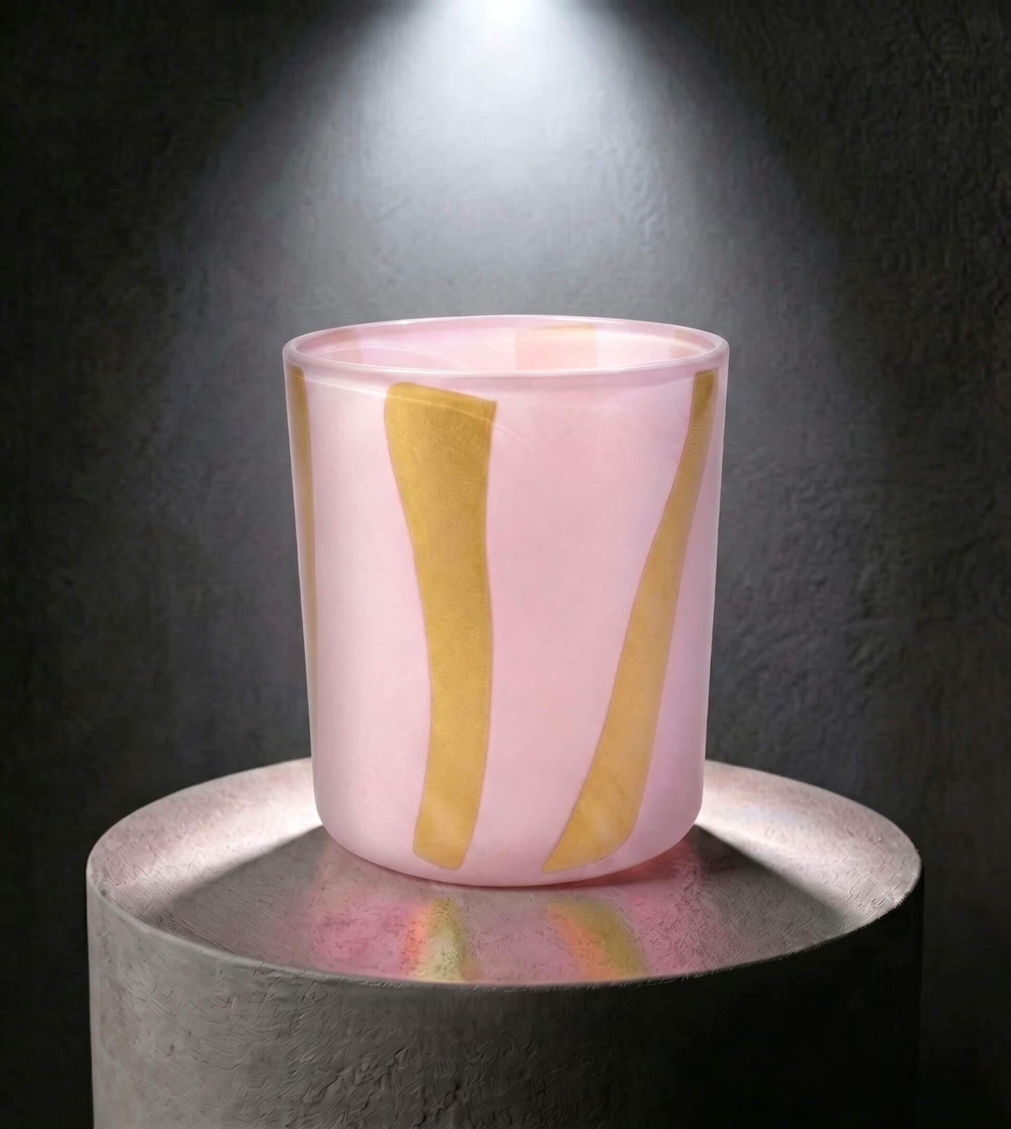 Wholesale modern minimalist glass candle vessel 8 oz dusty pink and bright yellow stripe pattern