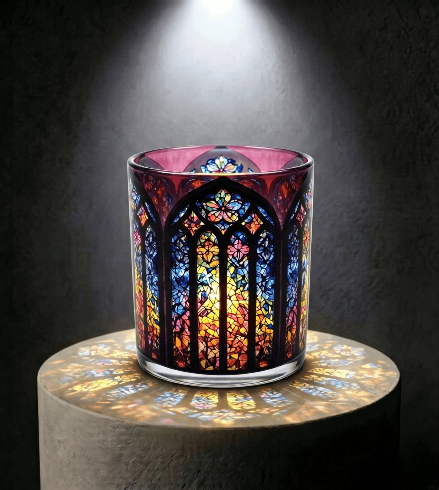 Wholesale Gothic Crimson stained glass candle vessel 8 oz with ruby and amethyst tones