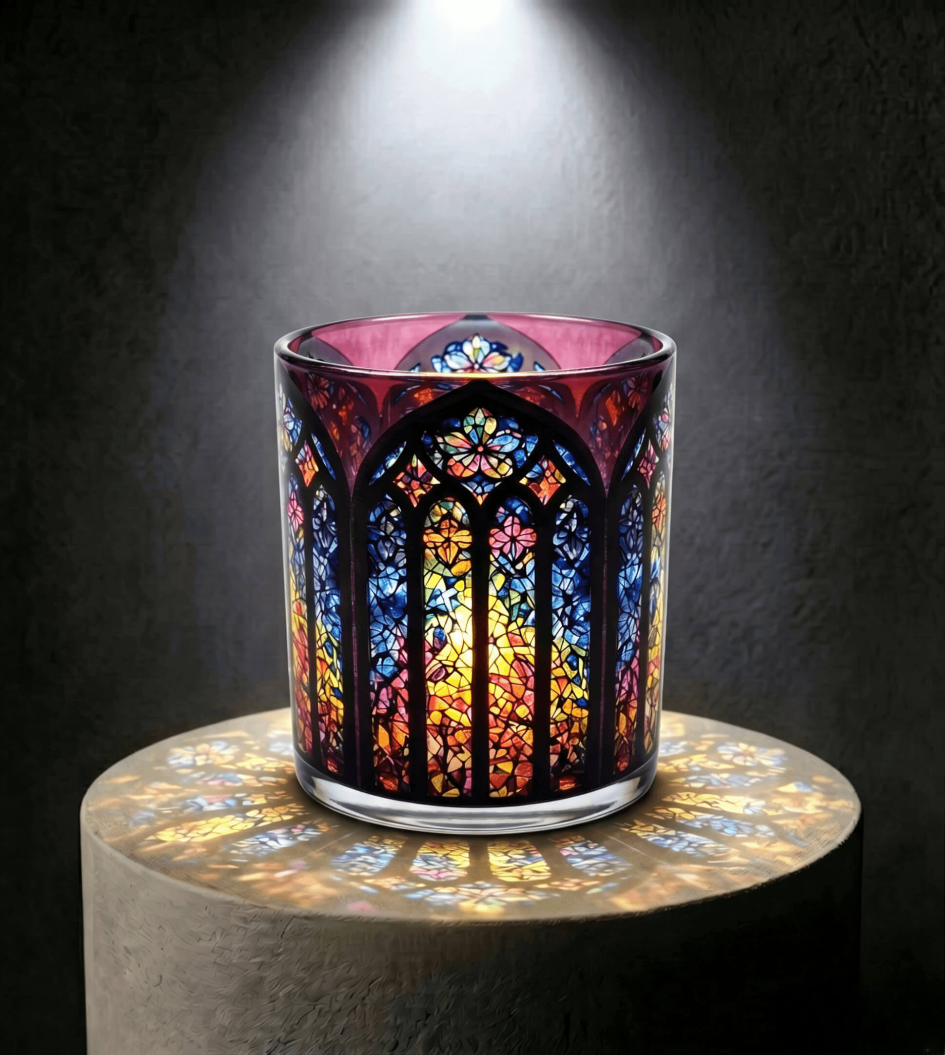 Wholesale Gothic Crimson stained glass candle vessel 8 oz with ruby and amethyst tones