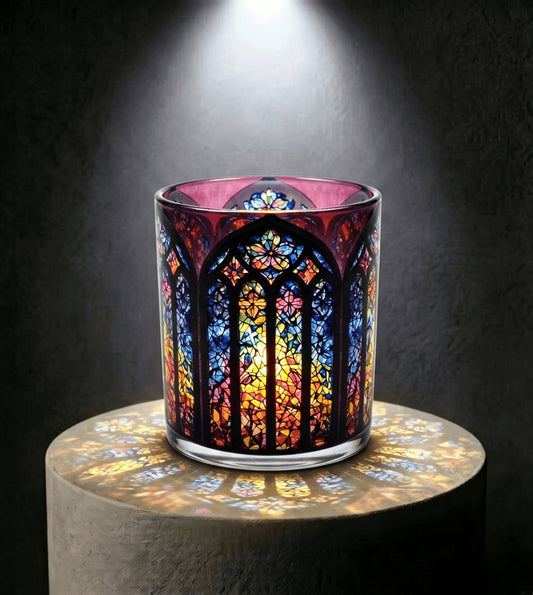 Wholesale Gothic Crimson stained glass candle vessel 8 oz with ruby and amethyst tones