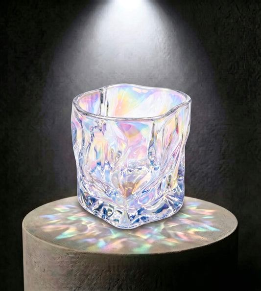 Wholesale iridescent prism artisan glass candle vessel 6.5 oz casting rainbow light reflections under spotlight