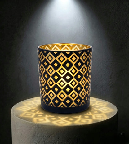 Wholesale matte black and gold diamond cut out candle vessel 8 oz casting geometric light shadows