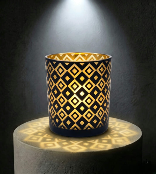 Wholesale matte black and gold diamond cut out candle vessel 8 oz casting geometric light shadows