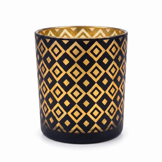 Wholesale matte black and gold diamond cut out candle vessel 8 oz casting geometric light shadows