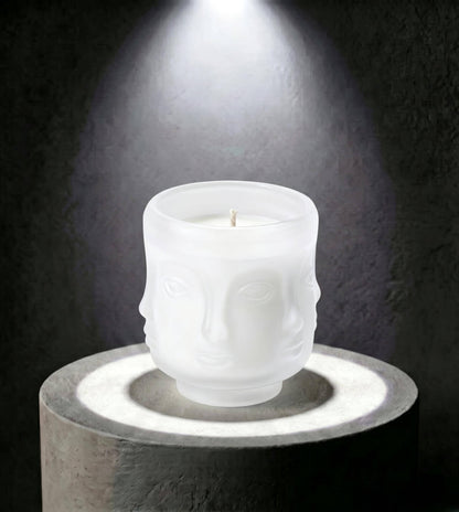 Wholesale matte white 3D sculptural face glass candle vessel 3.5 oz under spotlight