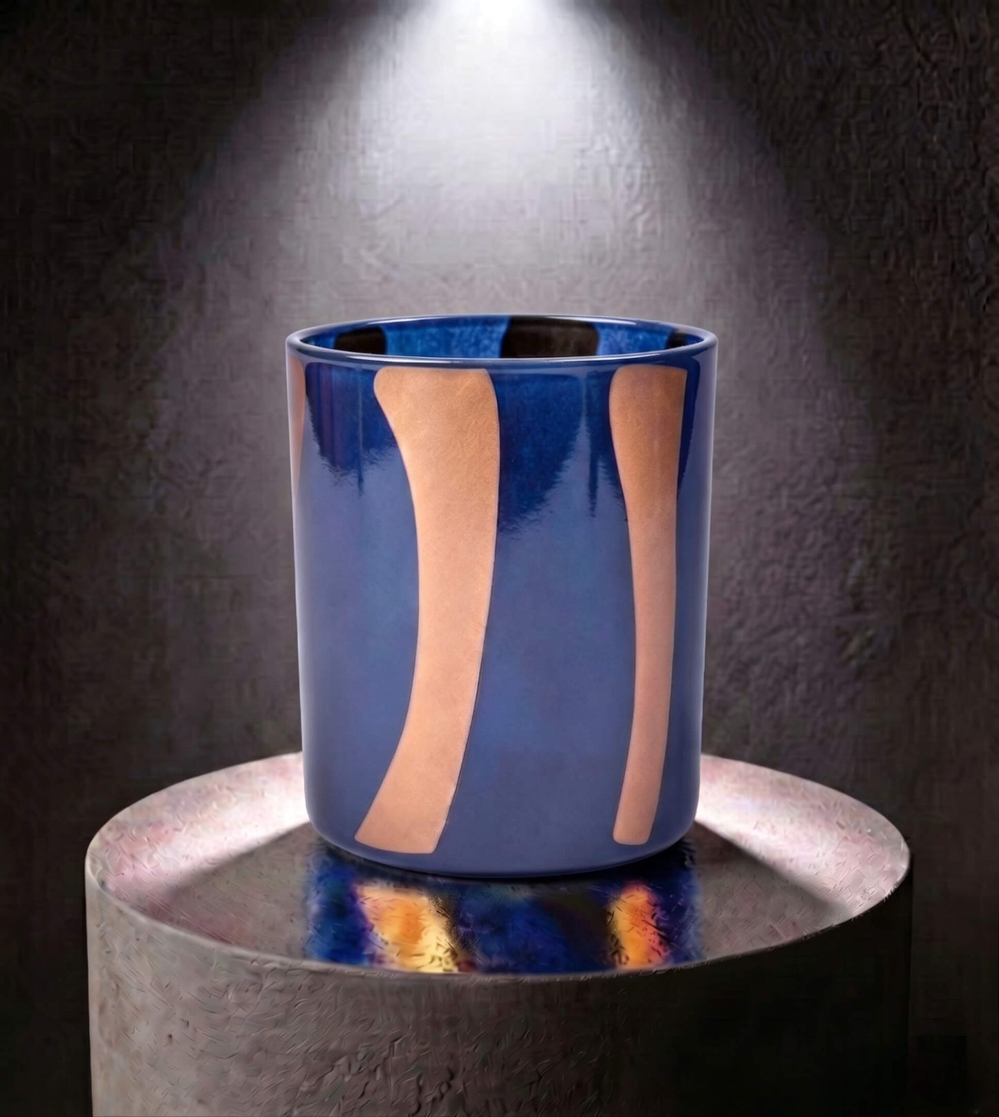 Wholesale smooth modern glass candle vessel 8 oz in military blue and ochre stripe pattern
