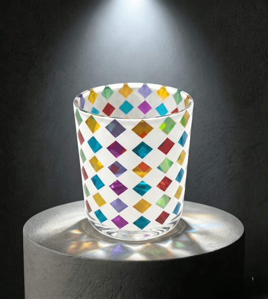 Wholesale smooth glossy white glass candle vessel with colorful geometric diamond print 8 oz