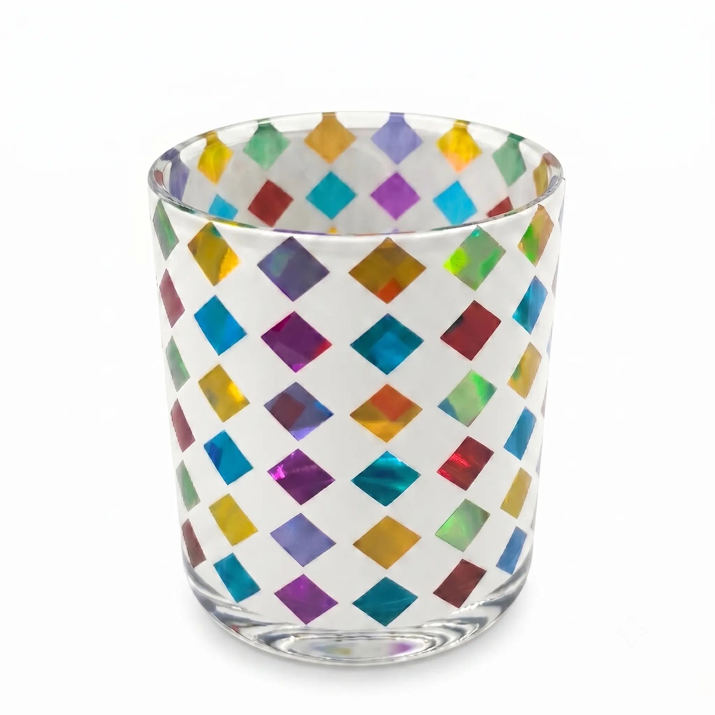Wholesale smooth glossy white glass candle vessel with colorful geometric diamond print 8 oz
