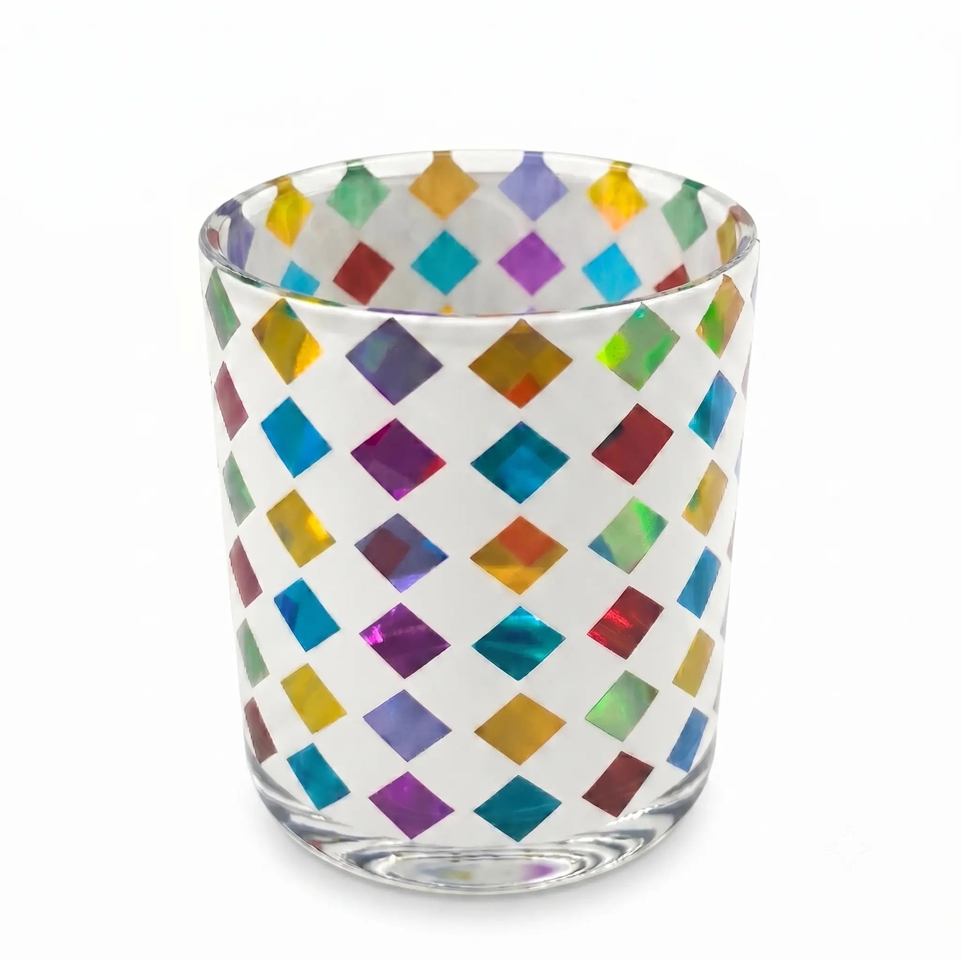 Wholesale smooth glossy white glass candle vessel with colorful geometric diamond print 8 oz