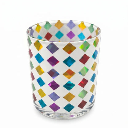 Wholesale smooth glossy white glass candle vessel with colorful geometric diamond print 8 oz