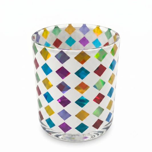 Wholesale smooth glossy white glass candle vessel with colorful geometric diamond print 8 oz