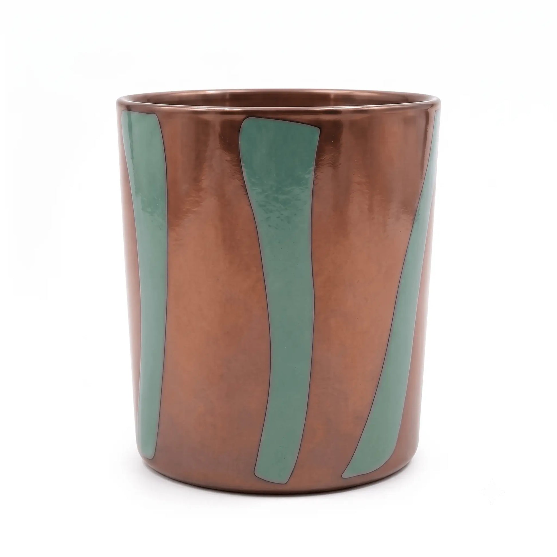 Wholesale smooth modern glass candle vessel 8 oz in terracotta and green stripe pattern