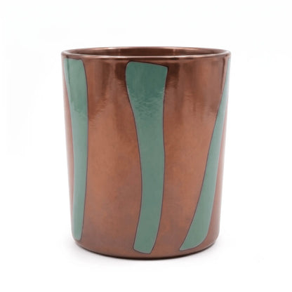 Wholesale smooth modern glass candle vessel 8 oz in terracotta and green stripe pattern