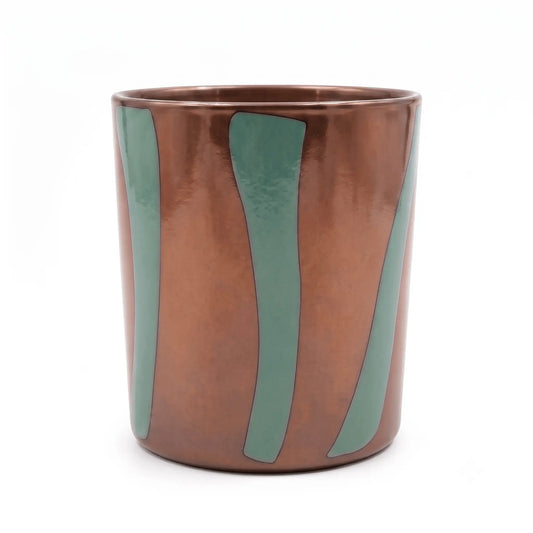 Wholesale smooth modern glass candle vessel 8 oz in terracotta and green stripe pattern