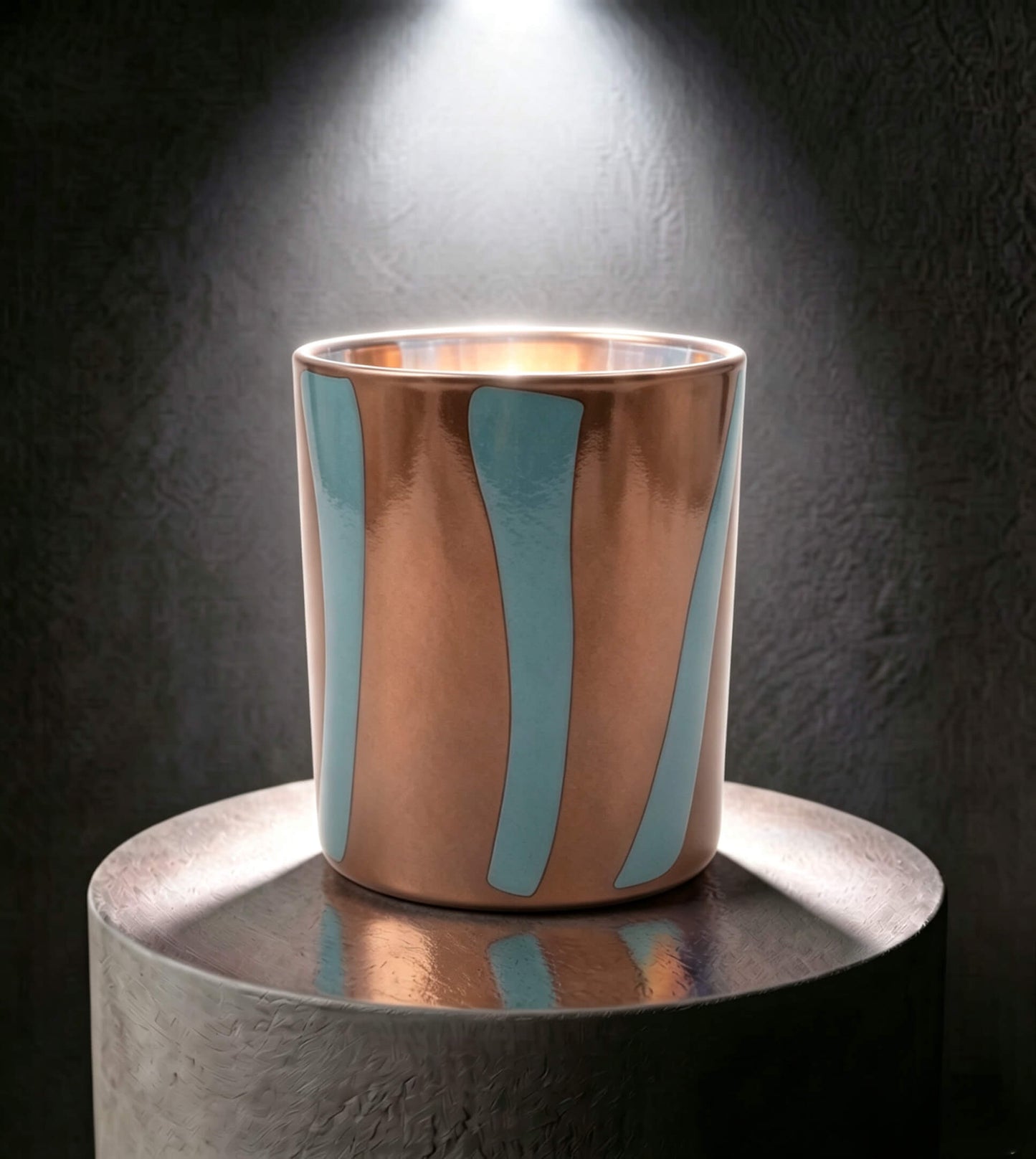 Wholesale smooth modern glass candle vessel 8 oz in terracotta and green stripe pattern